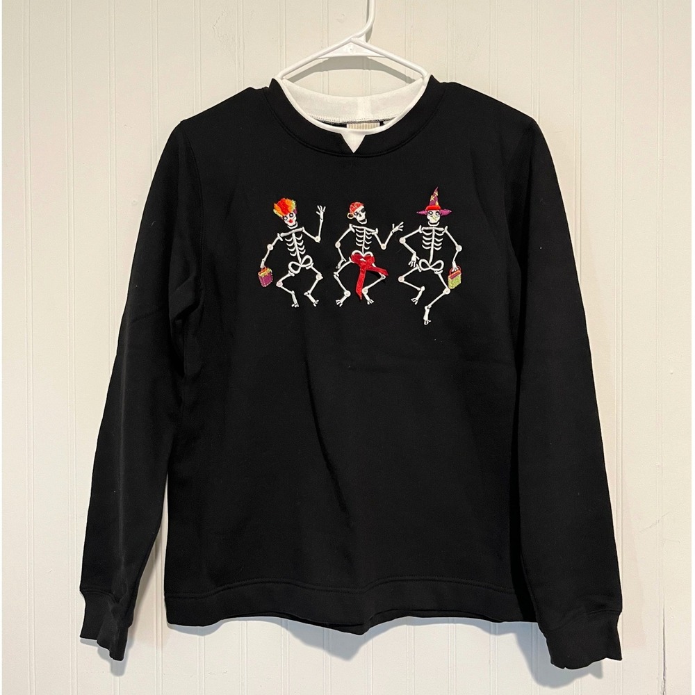 White Stag Sweatshirt Women S Black Halloween Dancing Skeletons Spooky